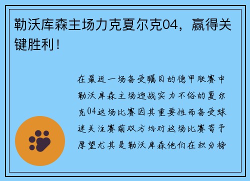 勒沃库森主场力克夏尔克04，赢得关键胜利！