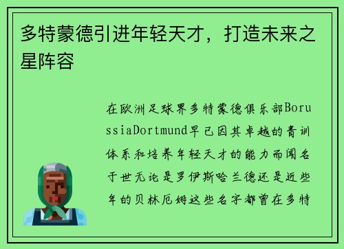 多特蒙德引进年轻天才，打造未来之星阵容